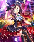  artist_request brown_hair cane capelet crossed_legs gem glasses gloves glowstick hat idolmaster idolmaster_cinderella_girls jpeg_artifacts looking_at_viewer navel purple_eyes ribbon roulette sitting smile solo sparkle thighhighs yagami_makino 