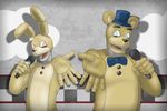  animatronic bear bow_tie duo five_nights_at_freddy&#039;s golden_freddy_(fnaf) hat lagomorph machine mammal mechanical microphone nukde rabbit robot springtrap_(fnaf) top_hat 