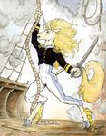  abs blonde_hair bulge chris_sawyer clothed clothing colored equine fur hair hooves horn male mammal navy skimpy slim sword traditional_media_(artwork) unicorn uniform weapon white_fur 
