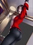  1girl ada_wong areolae arms_up ass belt black_eyes black_hair breasts breasts_outside deep_rising dutch_angle female gloves highres lamp large_breasts legs light looking_back nipples no_bra open_clothes open_mouth pants resident_evil resident_evil_6 screen short_hair solo standing thighs thor_(deep_rising) tied_up 