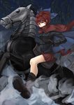  armor blue_background boots bow cape covering_mouth gloves hair_bow headless_horseman horse horseback_riding kuro_ni long_sleeves looking_at_viewer microskirt red_eyes red_hair reins riding sekibanki short_hair skirt smoke solo touhou willow wind 