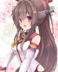  :d breasts brown_eyes brown_hair cherry_blossoms detached_sleeves flower hair_flower hair_ornament headgear kantai_collection large_breasts long_hair looking_at_viewer natubudou open_mouth ponytail smile solo yamato_(kantai_collection) 