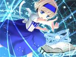  a_(aaaaaaaaaaw) alice_margatroid alice_margatroid_(pc-98) blonde_hair blue_eyes blue_hairband book dress glowing hairband layered_dress light_trail looking_at_viewer magic_circle open_book open_mouth pointing ribbon short_hair short_sleeves skirt solo suspender_skirt suspenders touhou touhou_(pc-98) 