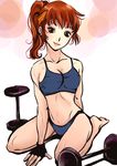  barbell barefoot breasts brown_eyes brown_hair cleavage daimon_akiko fingerless_gloves gloves headband highres lips looking_at_viewer nekochuni ponytail seiza sitting smile solo sports_bra taisen_hot_gimmick taisen_hot_gimmick_4ever toned weights 