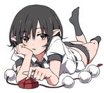  ass black_hair black_legwear black_panties bow dress_shirt hat hat_removed headwear_removed image_sample leg_up looking_at_viewer lying on_stomach open_mouth panties pointy_ears pom_pom_(clothes) puffy_sleeves red_eyes shameimaru_aya shirt short_hair short_sleeves simple_background socks solo string tokin_hat touhou toujou_(toujou_ramen) twitter_sample underwear white_background 