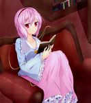  blouse book bookshelf chair collarbone floor frilled_skirt frilled_sleeves frills hairband highres holding holding_book indoors knees_together_feet_apart knees_up komeiji_satori long_skirt long_sleeves looking_at_viewer open_book perspective pink_skirt purple_eyes purple_hair short_hair sitting skirt smile solo tile_floor tiles touhou wide_sleeves yu_(dopperyu) 