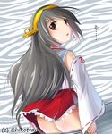  animal_print ass bare_shoulders detached_sleeves dressing grey_hair haruna_(kantai_collection) headgear japanese_clothes kantai_collection long_hair nontraditional_miko panties pleated_skirt skirt solo striped striped_panties translated twitter_username underwear yoshizawa_hikoto zebra_print 