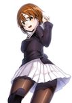  black_legwear blush boots brown_eyes brown_hair from_behind girls_und_panzer kyon_(fuuran) long_sleeves looking_at_viewer looking_back military military_uniform nishizumi_miho ooarai_military_uniform open_mouth pantyhose school_uniform short_hair simple_background skirt smile solo thighband_pantyhose uniform white_background 