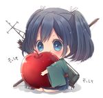  apple arrow black_hair blue_eyes bow_(weapon) chibi eating food fruit hakama highres japanese_clothes kantai_collection looking_at_viewer minigirl natubudou object_hug seiza sitting solo souryuu_(kantai_collection) translated twintails weapon 