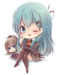  ;d aqua_eyes aqua_hair ascot brown_hair chibi crossed_arms crossed_legs hair_ornament hairclip highres kantai_collection kumano_(kantai_collection) looking_at_viewer machinery multiple_girls natubudou one_eye_closed open_mouth ponytail school_uniform sitting smile suzuya_(kantai_collection) 