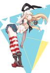  ass bad_id bad_twitter_id bent_over blonde_hair emu_(eomou) flat_ass full_body highres kantai_collection long_hair miniskirt salute shimakaze_(kantai_collection) skirt solo striped striped_legwear thighhighs 