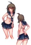  ahoge ass brown_eyes brown_hair crop_top cropped_legs danganronpa genderswap genderswap_(mtf) hinata_hajime leaning_forward midriff miniskirt navel no_panties pleated_skirt school_uniform serafuku simple_background skirt skirt_tug solo super_danganronpa_2 sweatdrop white_background zuizi 