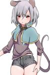  adapted_costume alternate_costume animal_ears blush capelet collar grey_hair jewelry jpeg_artifacts long_sleeves looking_at_viewer mouse_ears mouse_tail nazrin necklace red_eyes short_hair shorts simple_background solo striped sweater tail touhou toujou_(toujou_ramen) white_background 