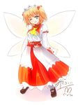  ascot blonde_hair blue_eyes fairy_wings headdress milfy_oira one_eye_closed open_mouth solo sunny_milk touhou twintails white_background wide_sleeves wings 