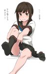  3: black_hair black_legwear blush brown_eyes collarbone feet feet_out_of_frame fubuki_(kantai_collection) kantai_collection long_hair outstretched_arms panties pantyshot pantyshot_(sitting) pleated_skirt remodel_(kantai_collection) removing_sock school_uniform serafuku shirt short_sleeves sidelocks single_sock sitting skirt sock_pull socks socks_removed solo translated underwear undressing white_background white_panties youkan 