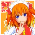  blue_eyes character_name dated fingernails fingers_to_mouth hair_ribbon headdress heart heart-shaped_pupils lips looking_at_viewer mougi_(soultaker6417) nail_polish orange_background orange_hair ribbon short_hair simple_background smile solo sunny_milk symbol-shaped_pupils touhou twintails upper_body v 