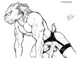  balls biceps chris_sawyer erection eyewear feline fur garter glasses hair humanoid_penis looking_at_viewer male mammal monochrome muscles pecs penis plain_background pose saber-toothed_tiger traditional_media_(artwork) white_background 