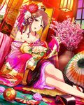  artist_request ball brown_eyes brown_hair cherry_blossoms collarbone comb dutch_angle fan floral_print flower folding_fan folding_screen geta hair_flower hair_ornament hair_ribbon hair_stick head_tilt idolmaster idolmaster_cinderella_girls indoors japanese_clothes jpeg_artifacts kimono koma-geta lips lipstick long_sleeves looking_at_viewer makeup mifune_miyu obi off_shoulder official_art oriental_umbrella parted_lips peony_(flower) platform_footwear red-crowned_crane red_lipstick ribbon sandals sash sidelocks sitting solo source_request temari_ball umbrella vase wide_sleeves yuujo 