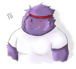  blush clothing fur looking_at_viewer male monster muscles nihaw one_eye_closed plain_background purple_fur shirt solo white_background 