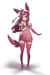  animal_ears bare_shoulders blue_eyes bow dress elbow_gloves full_body gen_6_pokemon gloves hair_bow hair_ornament md5_mismatch newey panties pantyshot pantyshot_(standing) personification pink_gloves pink_hair pink_legwear pink_panties pokemon ribbed_dress short_dress smile solo standing sylveon tail thighhighs underwear 