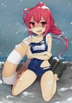  ahoge bad_id bad_pixiv_id bare_legs bare_shoulders barefoot breath cold crossed_arms high_ponytail hukasikasi i-168_(kantai_collection) kantai_collection lifebuoy looking_at_viewer name_tag one-piece_swimsuit open_mouth ponytail red_eyes red_hair school_swimsuit shaded_face sitting snow snowing solo swimsuit torn_clothes torn_swimsuit trembling wariza wavy_mouth wet 