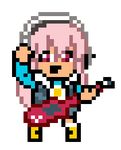  downtown_nekketsu_monogatari electric_guitar guitar headphones instrument long_hair looking_at_viewer lowres music nitroplus official_art open_mouth pink_hair pixel_art playing_instrument red_eyes smile solo super_sonico 