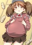  :d absurdres artist_name belly bottle brown_eyes brown_hair brown_skirt commentary highres inflation japanese_clothes kantai_collection kariginu long_sleeves lying milk_bottle open_mouth pleated_skirt revision ryuki_(ryukisukune) ryuujou_(kantai_collection) skirt smile solo trembling twintails v-shaped_eyebrows visor_cap 