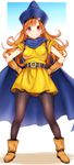  alena_(dq4) belt breasts brown_hair cape cut_(bu-kunn) dragon_quest dragon_quest_iv gloves hands_on_hips hat highres long_hair medium_breasts pantyhose red_eyes smile solo standing 