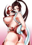 ass breasts brown_eyes brown_hair cosplay fatal_fury from_behind gradient gradient_background huge_breasts ion_(cation) long_hair looking_at_viewer looking_back pelvic_curtain pink_background ponytail shiranui_mai shiranui_mai_(cosplay) sideboob solo the_king_of_fighters white_background 