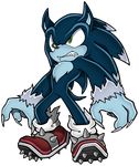  animal_ears blue_skin claws cleats commentary fangs green_eyes highres male_focus official_style parody rb_(sparkleee-sprinkle) solo sonic sonic_the_hedgehog style_parody tail werehog 