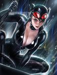  animal_ears banned_artist batman_(series) black_hair blue_eyes breasts cat_ears catwoman choker cityscape cleavage dc_comics fake_animal_ears gloves goggles goggles_on_head large_breasts rain sakimichan smile solo squatting watermark web_address wet 