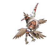  1girl boomerang chibi claws facial_mark feathered_wings feathers full_body grey_hair harpy head_wings jawea monster_girl navel okayado orange_eyes resized simple_background solo talons tan upscaled white_background wings 