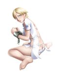  1girl ass back barefoot blonde_hair blue_eyes blush breasts cuffs deep_rising feet highres legs looking_back panties resident_evil resident_evil_6 sherry_birkin short_hair sideboob simple_background sitting soles solo thighs thor_(deep_rising) toes underwear very_short_hair white_background white_panties 