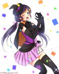  ;d black_legwear blush dancing_stars_on_me! dated elbow_gloves gloves green_eyes hat highres long_hair love_live! love_live!_school_idol_project one_eye_closed open_mouth purple_hair skirt smile solo song_name star thighhighs toujou_nozomi twintails yu-ta 