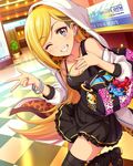  bag blonde_hair blush boots bracelet checkered checkered_floor earrings fujimoto_rina grey_eyes grin head_tilt hood hoodie idolmaster idolmaster_cinderella_girls jewelry long_hair nail_polish necklace off_shoulder official_art one_eye_closed pleated_skirt skirt smile solo 