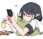  bespectacled black_hair cellphone chips cushion food glasses image_sample lying mouth_hold on_stomach phone pointy_ears red-framed_eyewear red_eyes shameimaru_aya shirt short_hair short_sleeves simple_background solo sweatdrop text_focus touhou toujou_(toujou_ramen) twitter_sample white_background 