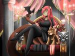  amber_eyes anthro bat black_clothing black_dress candelabra clothing collar dawn_taylor hair lens_flare mammal panties panty_shot red_hair river_otter throne underwear voluptuous wine_glass wolf_plushy 