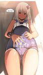  blonde_hair blue_eyes blush bracelet cameltoe cum cum_on_body cum_on_clothes cum_on_lower_body flower from_below german hair_flower hair_ornament jewelry kantai_collection long_hair looking_down md5_mismatch one-piece_swimsuit ro-500_(kantai_collection) sailor_collar school_swimsuit sketch smile solo speech_bubble sweat swimsuit tan tanline translated tsukino_wagamo 