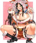  bad_id bad_pixiv_id black_hair blush boots breasts cleavage fang fingernails headdress huge_breasts idolmaster idolmaster_cinderella_girls inu_(marukome) jewelry long_hair looking_at_viewer midriff mukai_takumi nail_polish navel necklace open_mouth paw_pose plump red_nails sharp_fingernails smile solo spread_legs yellow_eyes 