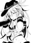  1girl ai_takurou anchor_symbol bare_shoulders blush food groin hand_in_hair hat hibiki_(kantai_collection) kantai_collection long_hair long_sleeves makizushi military_hat monochrome mound_of_venus navel off_shoulder open_mouth saliva saliva_trail school_uniform serafuku sexually_suggestive simple_background skirt skirt_pull solo sushi tagging_in_progress white_background 