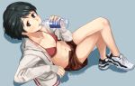  1girl bikini bikini_under_clothes black_hair blue_background bottle brown_bikini brown_eyes brown_shorts hood hooded_jacket hoodie jacket kantai_collection looking_at_viewer makio_(makiomeigenbot) mogami_(kantai_collection) open_clothes open_fly open_jacket pocari_sweat shadow shoes short_hair shorts simple_background sitting sneakers solo swimsuit swimsuit_under_clothes twitter_username white_footwear white_jacket 