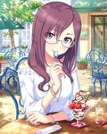  artist_request bracelet brown_hair cafe chair cup day drinking_glass food fruit glass glasses ice_cream idolmaster idolmaster_cinderella_girls jewelry jpeg_artifacts long_hair necklace official_art outdoors plant potted_plant purple_eyes sitting solo source_request strawberry sundae table tree upper_body wafer_stick yagami_makino 