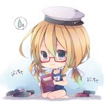  blonde_hair blue_eyes book chibi highres holding holding_book i-8_(kantai_collection) kantai_collection long_hair looking_at_viewer name_tag natubudou one-piece_swimsuit school_swimsuit seiza sitting solo spoken_sweatdrop sweatdrop swimsuit translated twintails wavy_mouth wet 