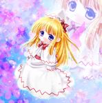  blonde_hair blue_eyes capelet cherry_blossoms dress fairy_wings floral_background hat light_particles lily_white long_hair looking_at_viewer sash sleeves_past_wrists solo touhou tsukiori_sasa white_dress wings zoom_layer 