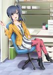  :d belt blue_eyes blue_hair blush book boots buckle chair collarbone cubicle desk diesel-turbo dress imai_midori jacket leaning_back long_hair long_sleeves looking_at_viewer office_chair open_mouth pantyhose paper pen print_legwear red_legwear shiny shiny_hair shirobako side_ponytail smile solo star star_print striped striped_dress vertical-striped_dress vertical_stripes 