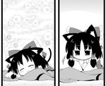 1girl :3 ^_^ animal_ears blush bow cat_ears cat_tail comic commentary_request detached_sleeves eyes_closed floral_background futa4192 hair_bow hair_ribbon hair_tubes hakurei_reimu kemonomimi_mode monochrome nontraditional_miko ribbon silent_comic solo tail touhou 