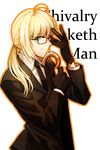  adjusting_eyewear ahoge artoria_pendragon_(all) bespectacled black_gloves blonde_hair closed_umbrella fate/zero fate_(series) glasses gloves green_eyes highres jisue10 kingsman:_the_secret_service long_hair parody ponytail reverse_trap saber solo umbrella 