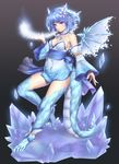  bare_shoulders blue_hair blush breasts cleavage detached_sleeves dragon_girl dragon_horns dragon_tail dragon_wings full_body hair_ornament highres horns ice ice_dragon ice_wings looking_at_viewer medium_breasts monster_girl obi open_mouth original purple_eyes sasaame sash short_hair solo tail wings 