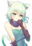  alternate_costume animal_ears bare_shoulders black_legwear breasts cat_ears cat_tail cleavage culter elbow_gloves gloves green_eyes green_leotard kemonomimi_mode kittysuit komeiji_koishi leotard silver_hair small_breasts smile solo tail third_eye touhou 