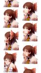  blush bow brown_hair detached_sleeves hair_bow hair_ribbon hair_tubes hakurei_reimu highres japanese_clothes looking_at_viewer miko nathaniel_pennel ribbon short_hair simple_background smile solo touhou white_background 